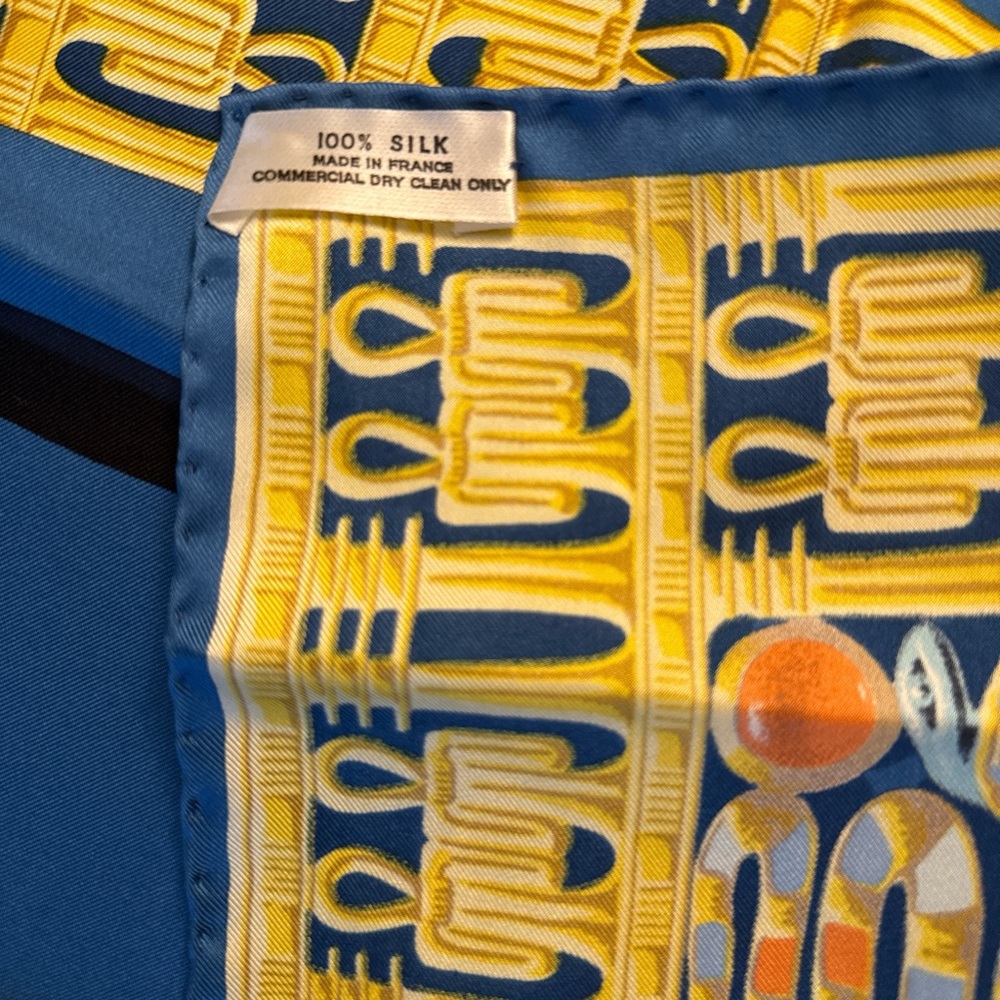 Vintage Hermes Egyptian Tutankhamun Silk-Style Scarf in Blue and Gold - Picture 7 of 9